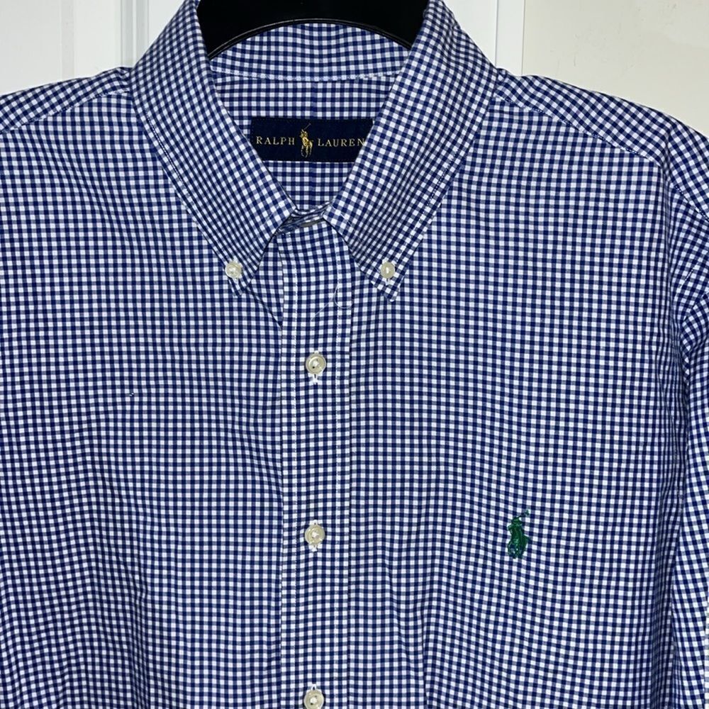 Polo Ralph Lauren Blue White Gingham Checked Plaid w/Green Pony LS Summer Shirt